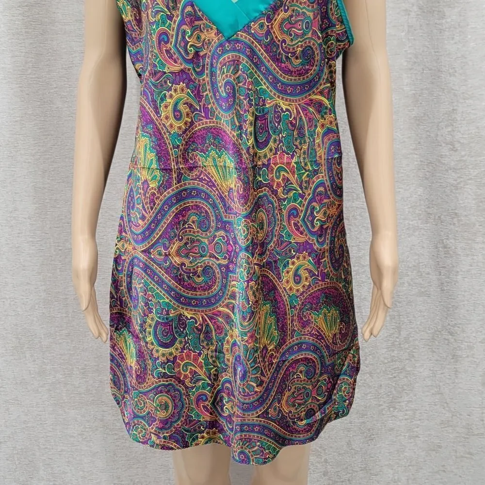 Feather Bed Vintage 90s Vibrant Paisley Satin Slip Dress and Robe Purple Teal